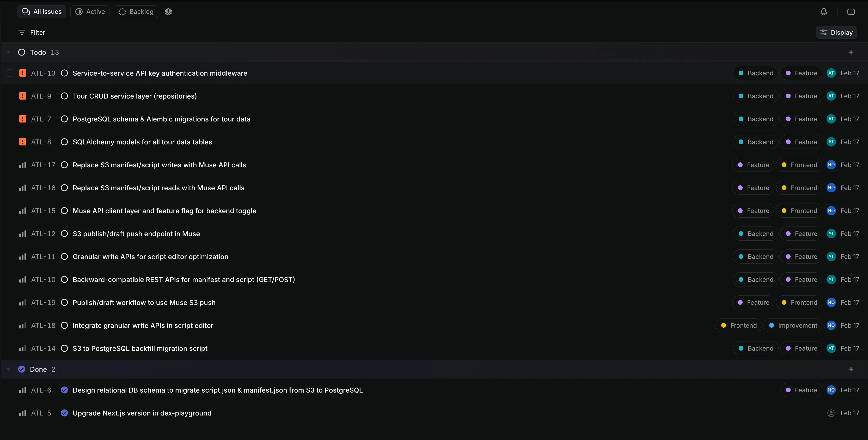 A Linear ticket for ATL-13 showing detailed overview, scope, key requirements, and acceptance criteria for service-to-service API key authentication middleware