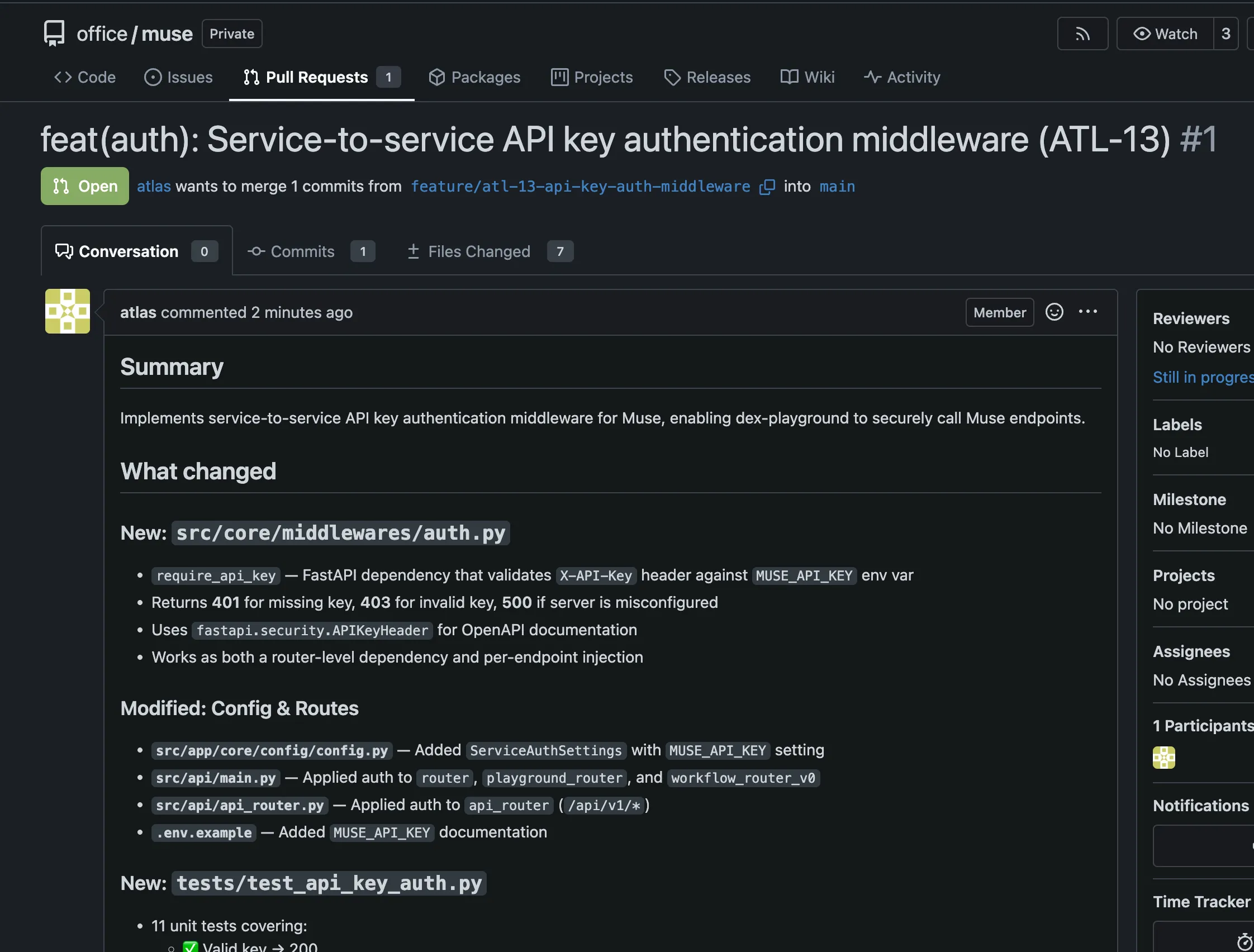 Gitea pull request #1 by Atlas: "Service-to-service API key authentication middleware" with a summary, what changed section listing new files and modifications, and test coverage